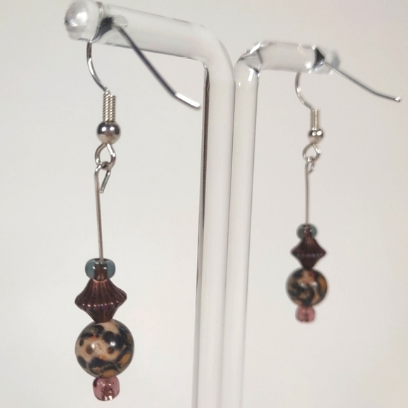 Handmade Leopard Jasper Bead Fishhook Post Earrings - Picture 1 of 6